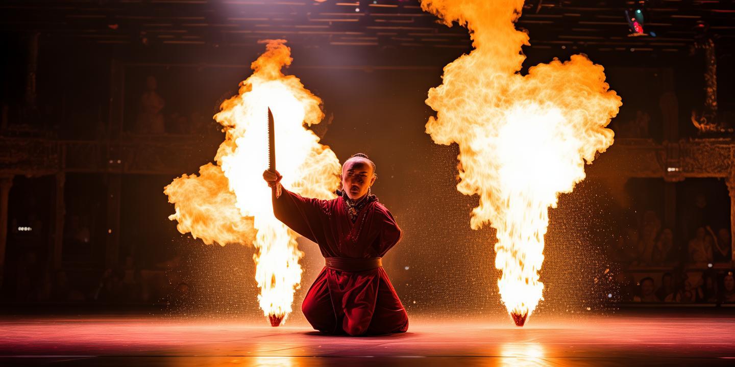 吴桥杂技武士剧《刀锋》首演,惊险绝伦的钢刀顶喉融合火焰魔术震撼登场